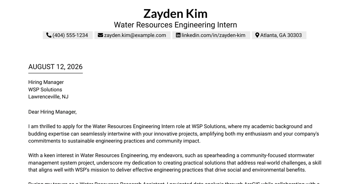 30+ Water Resources Engineering Intern Cover Letter Templates with Example 2026