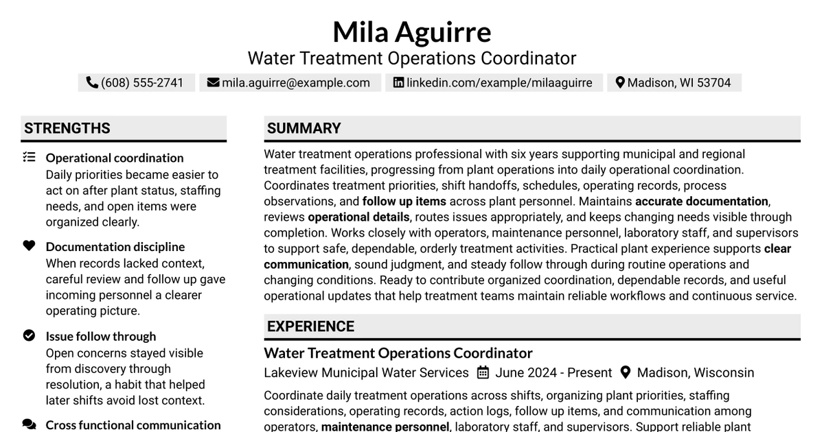 33 Water Treatment Operations Coordinator - Treatment Operations Resume Templates with Example 2026 (ATS-Optimized)
