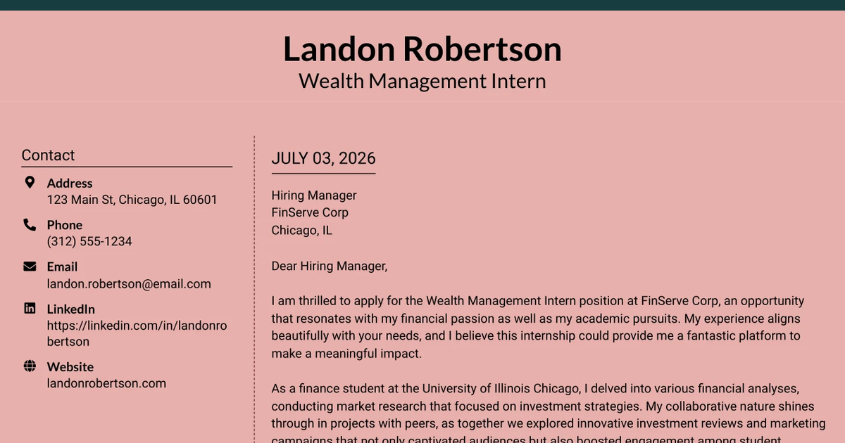 30+ Wealth Management Intern Cover Letter Templates with Example 2026