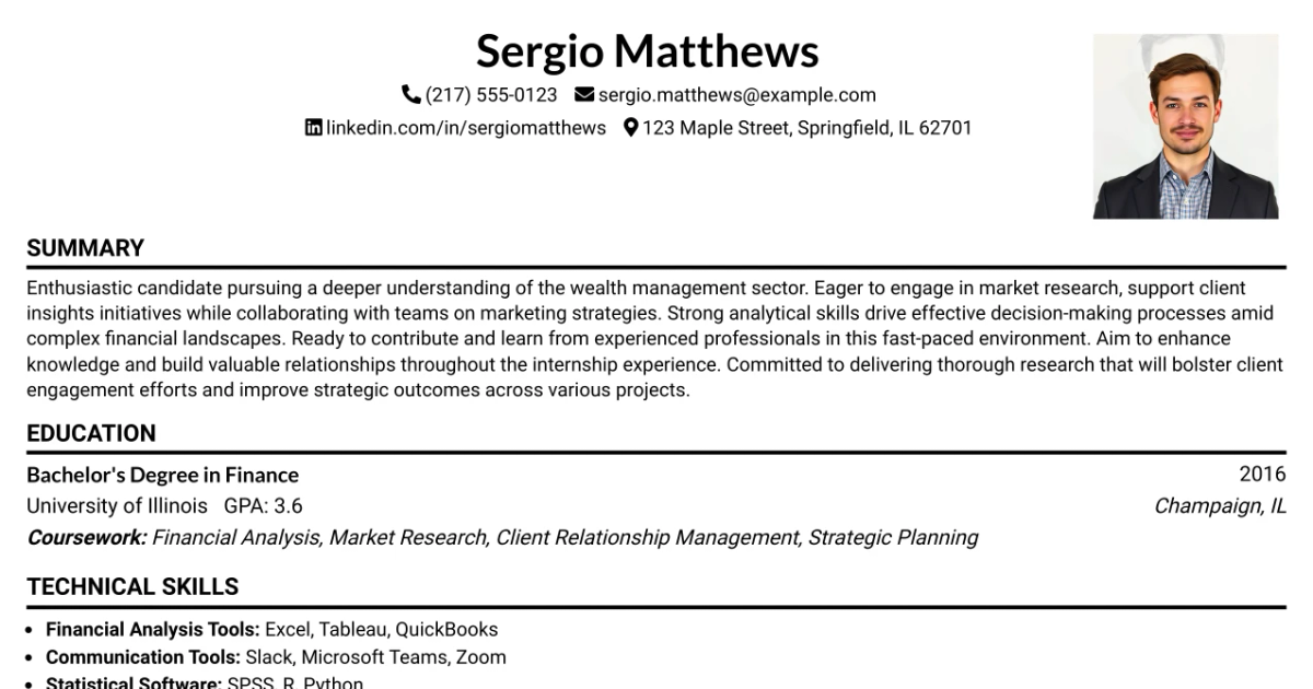 33 Wealth Management Intern: Market Research & Client Insights Resume Templates with Example 2026 (ATS-Optimized)
