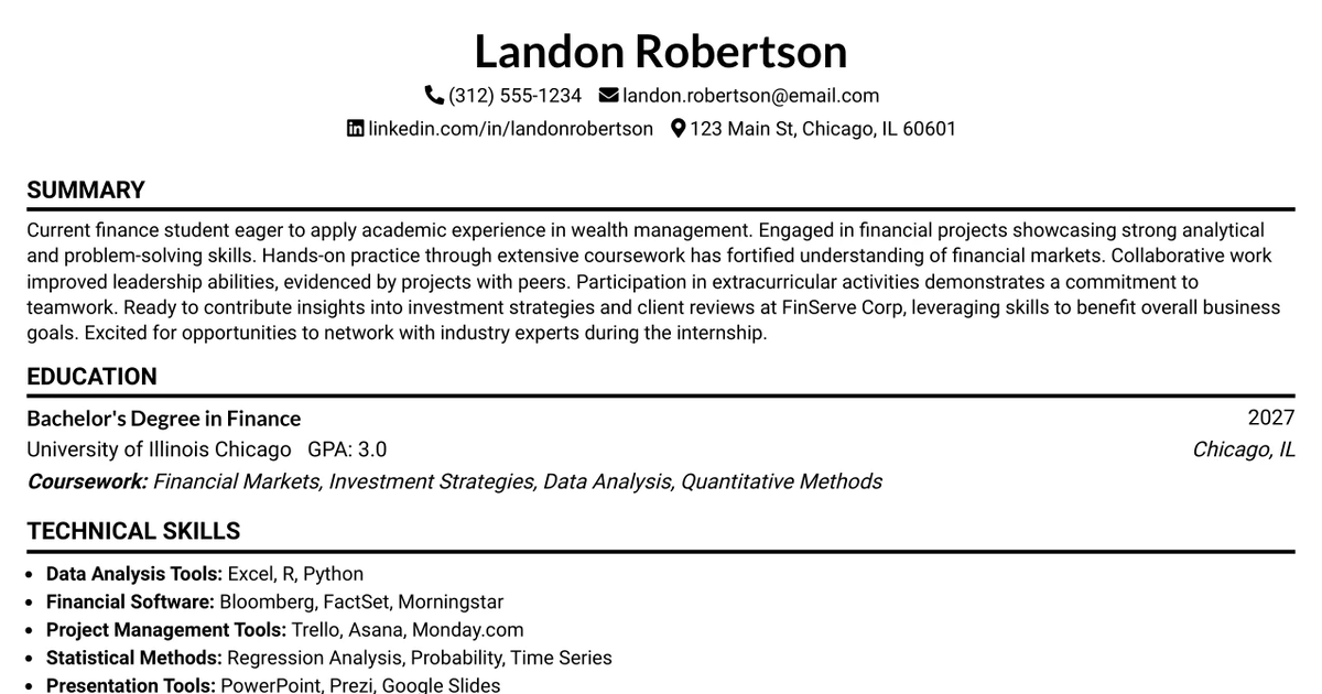 33 Wealth Management Intern Resume Templates with Example 2026 (ATS-Optimized)