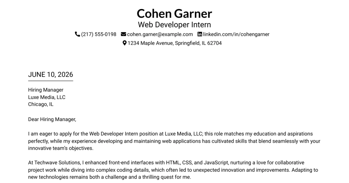 30+ Web Developer Intern Cover Letter Templates with Example 2026