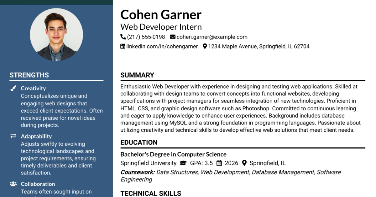 33 Web Developer Intern Resume Templates with Example 2026 (ATS-Optimized)