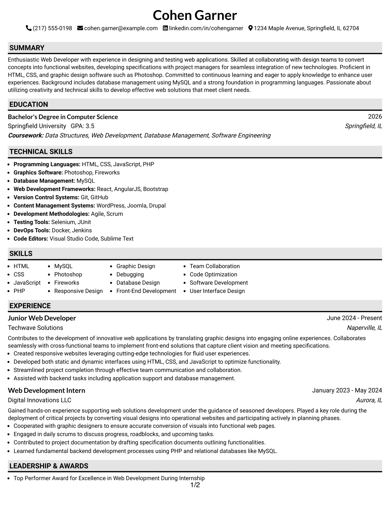 Resume Example Page 1