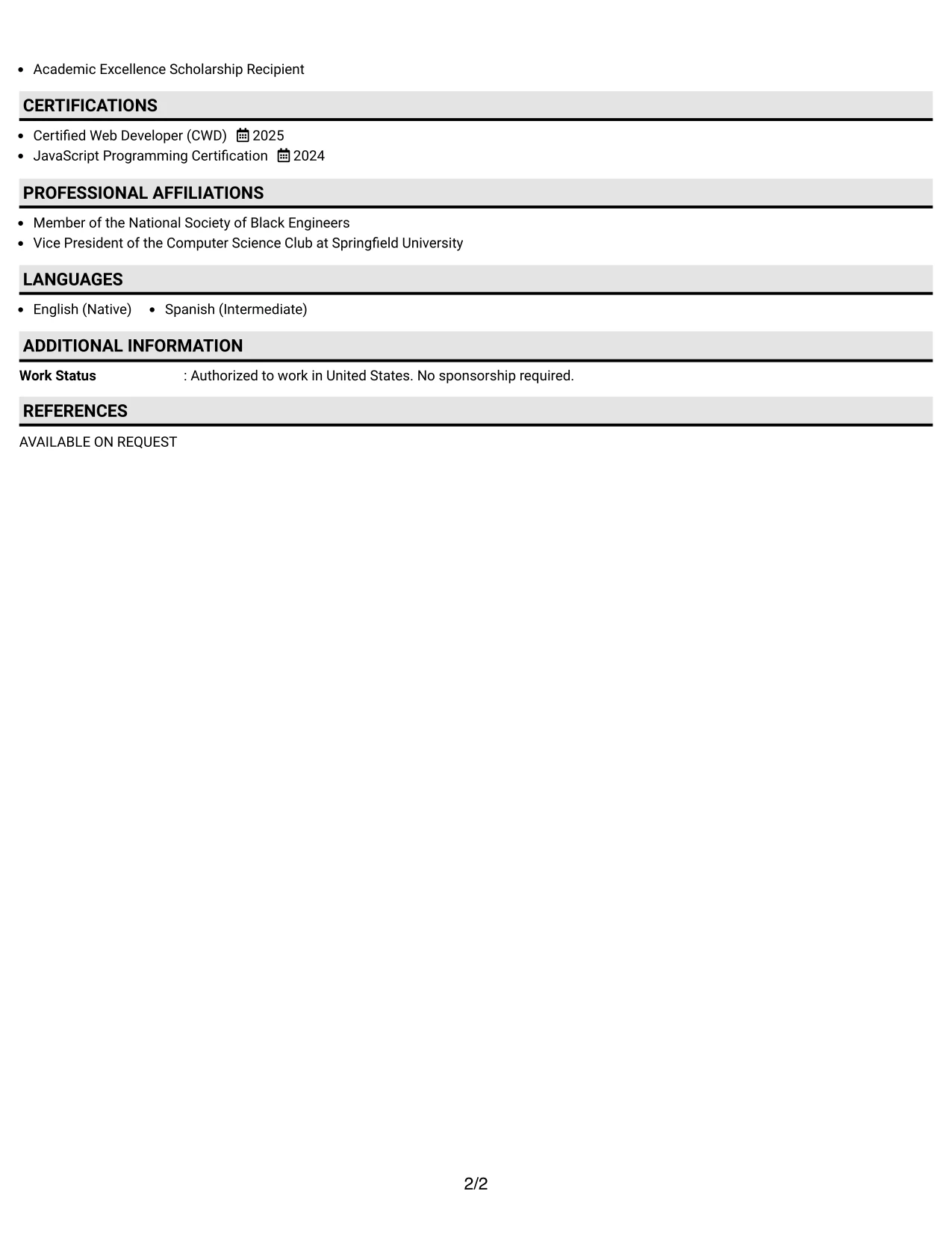 Resume Example Page 2