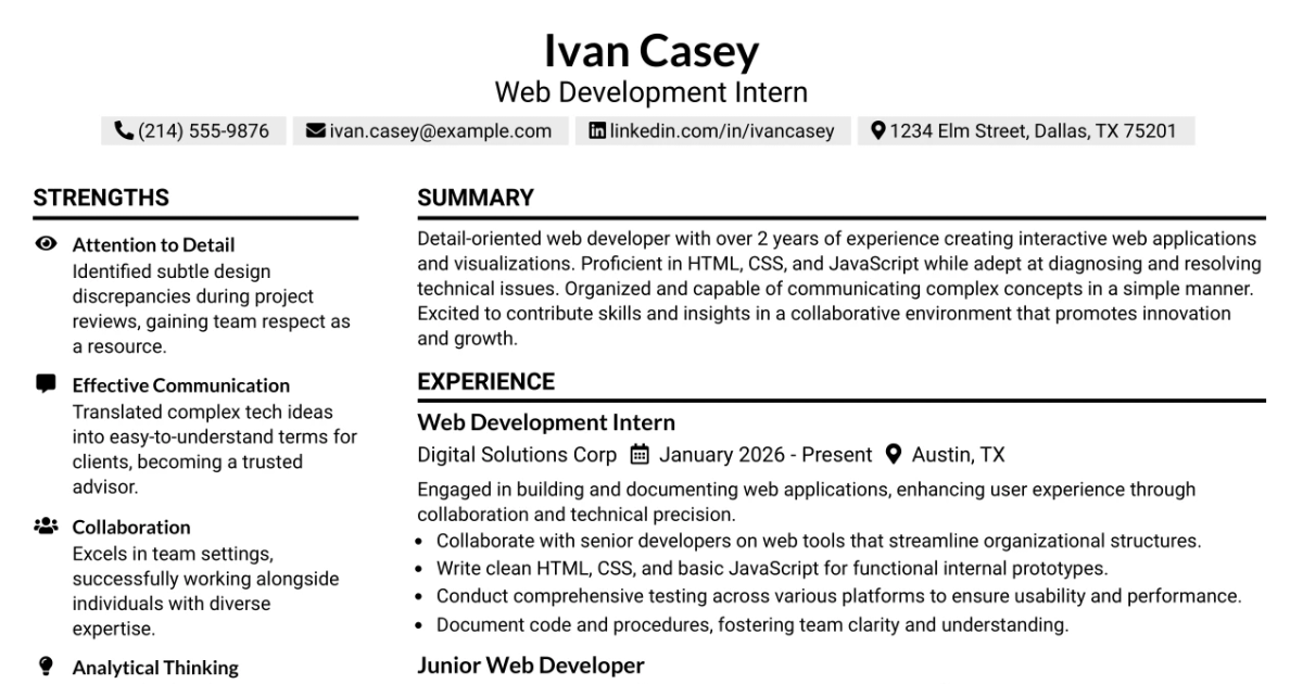 33 Web Development Internship Resume Templates with Example 2026 (ATS-Optimized)