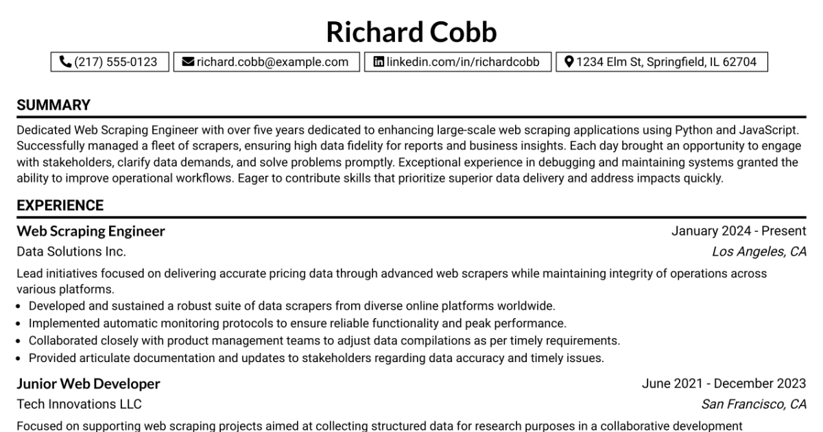 33 Web Scraping Engineer Resume Templates with Example 2026 (ATS-Optimized)