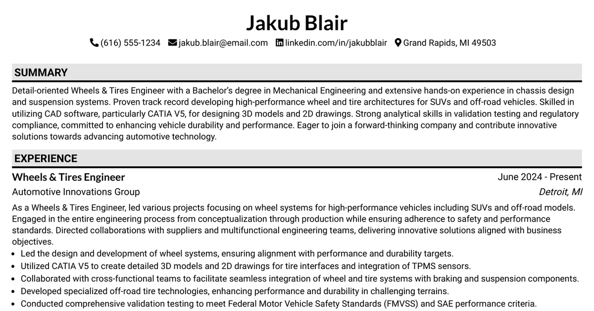 33 Wheels & Tires Engineer Resume Templates with Example 2026 (ATS-Optimized)