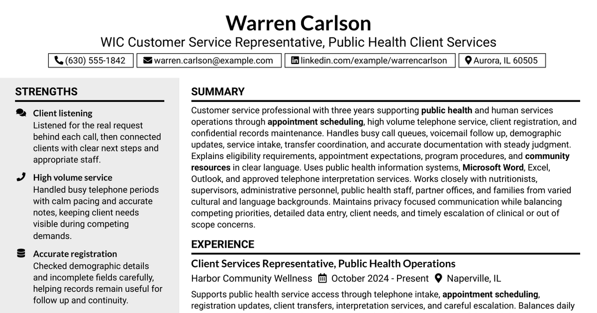 7 WIC Customer Service Representative - Public Health Client Services Resume Templates with Example