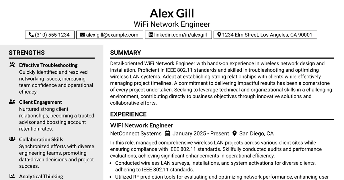 33 WiFi Network Engineer Resume Templates with Example 2026 (ATS-Optimized)