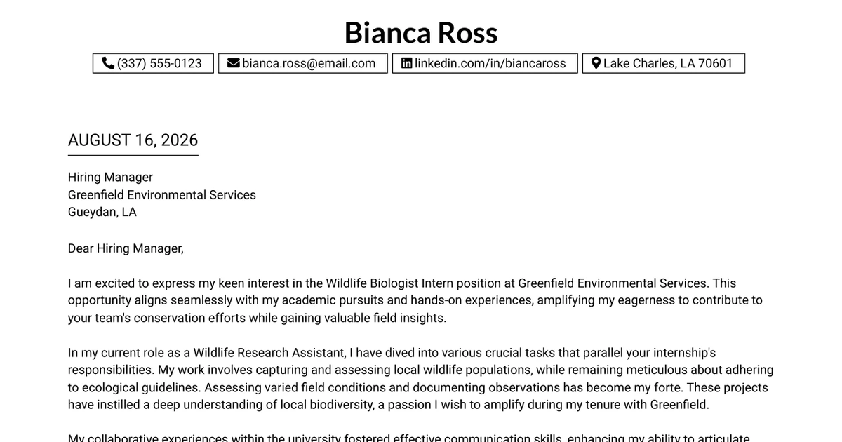 30+ Wildlife Biologist Intern Cover Letter Templates with Example 2026