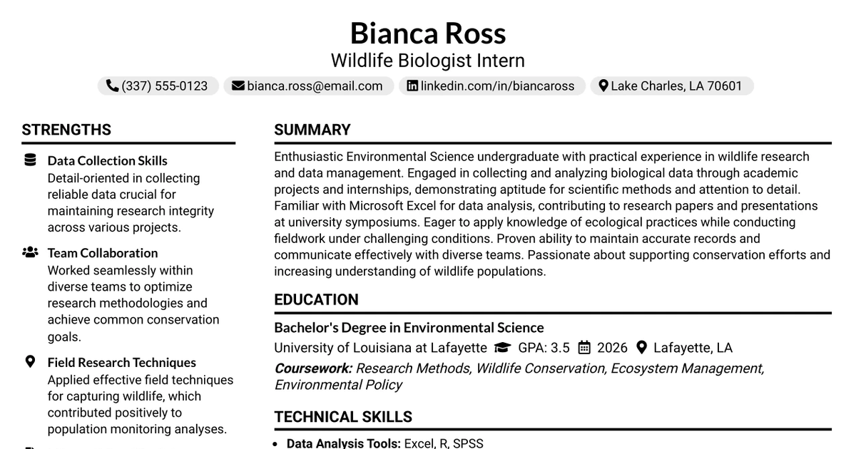 33 Wildlife Biologist Intern Resume Templates with Example 2026 (ATS-Optimized)