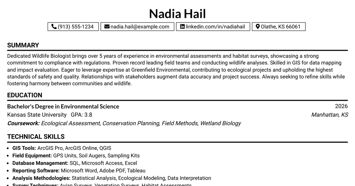 33 Wildlife Biologist Resume Templates with Example 2026 (ATS-Optimized)