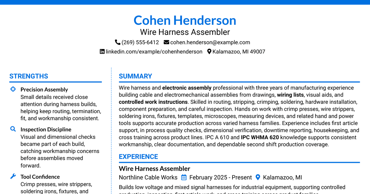 7 Wire Harness Assembler Resume Templates with Example