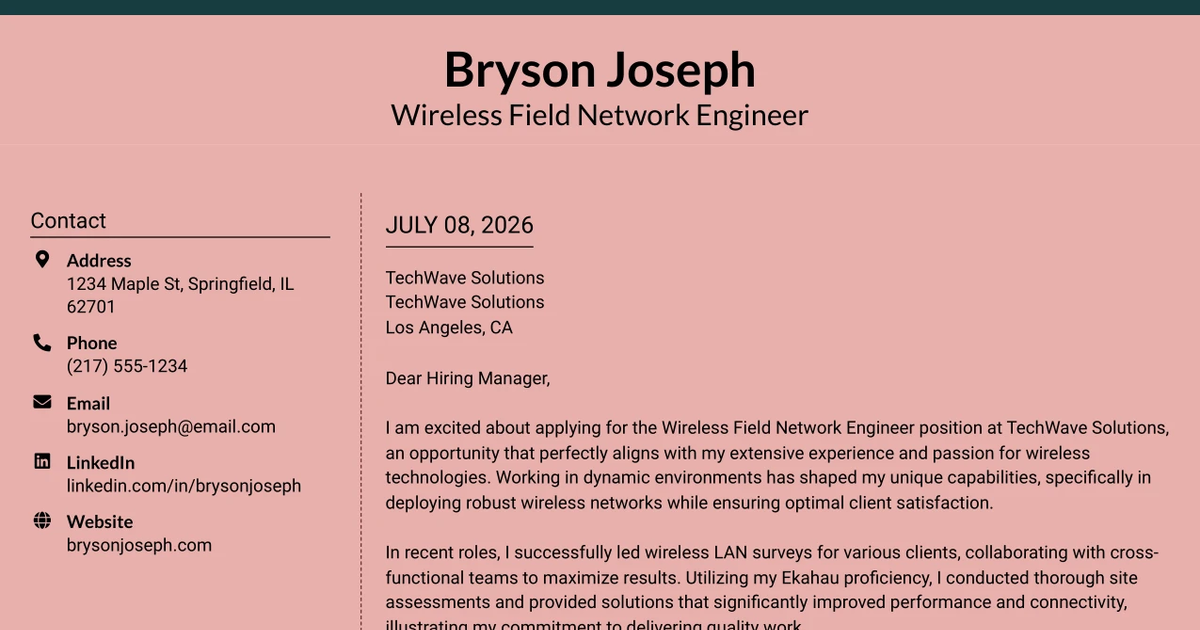 30+ Wireless Field Network Engineer Cover Letter Templates with Example 2026