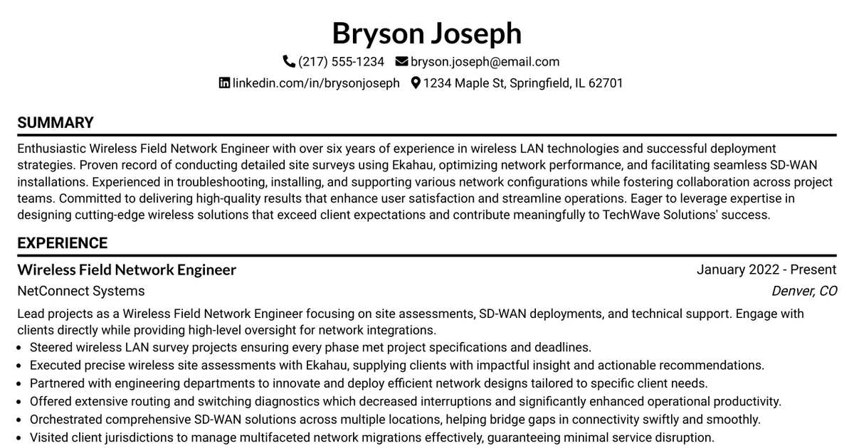 33 Wireless Field Network Engineer Resume Templates with Example 2026 (ATS-Optimized)