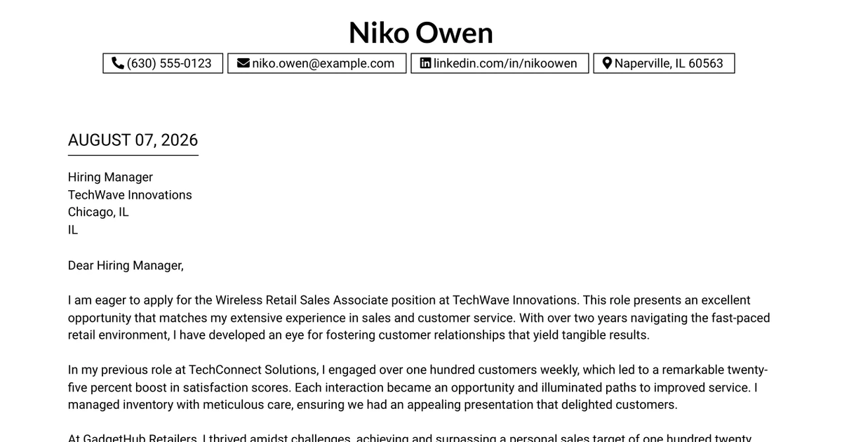30+ Wireless Retail Sales Associate Cover Letter Templates with Example 2026