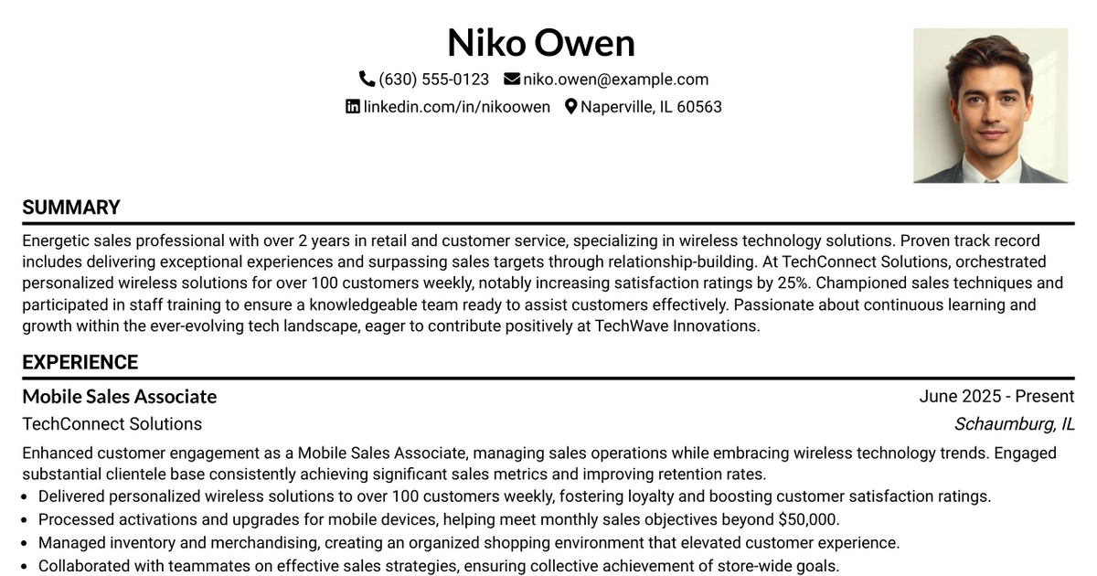 33 Wireless Retail Sales Associate Resume Templates with Example 2026 (ATS-Optimized)