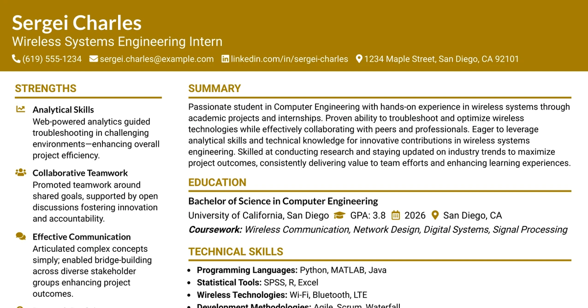 33 Wireless Systems Engineering Intern Resume Templates with Example 2026 (ATS-Optimized)