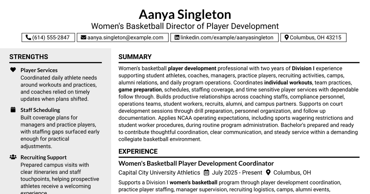7 Women's Basketball Director of Player Development Resume Templates with Example