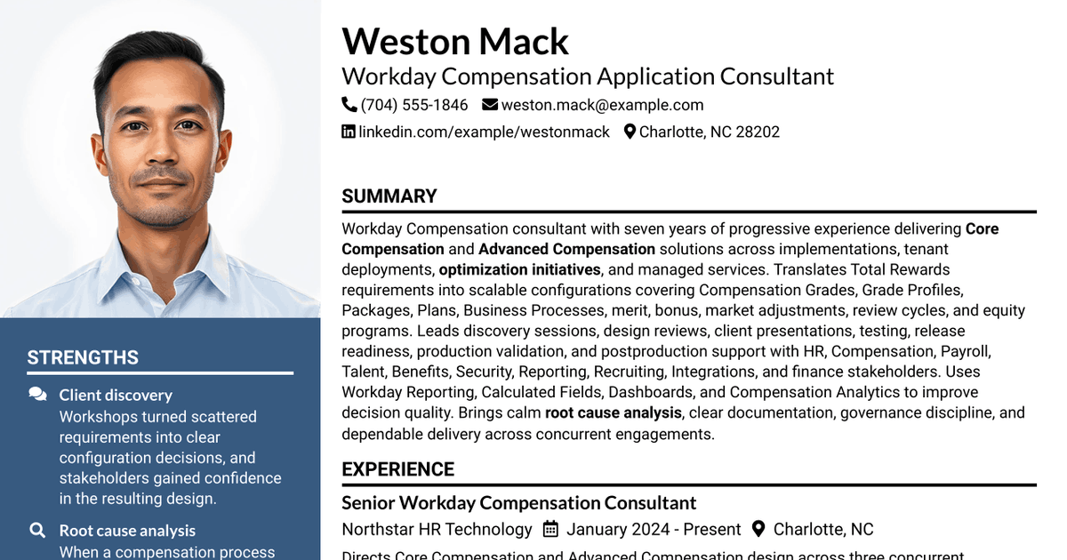 7 Workday Compensation Application Consultant - Core and Advanced Compensation Resume Templates with Example