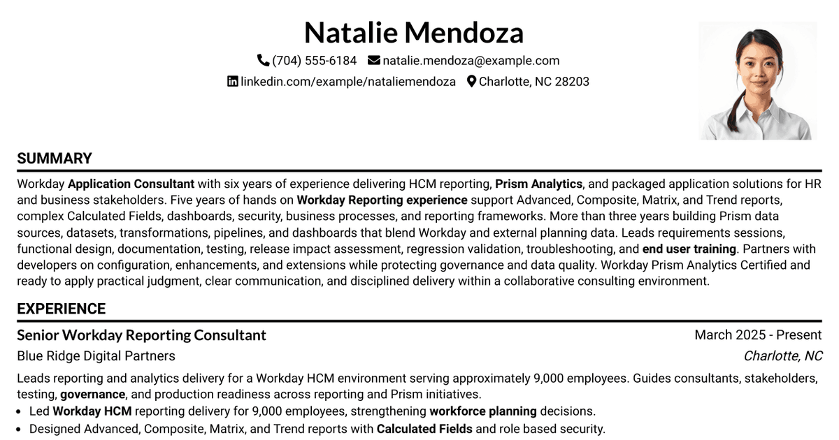 7 Workday Reporting & Prism Analytics - Application Consultant Resume Templates with Example