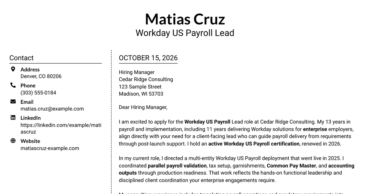 7 Workday US Payroll Lead Cover Letter Templates with Example