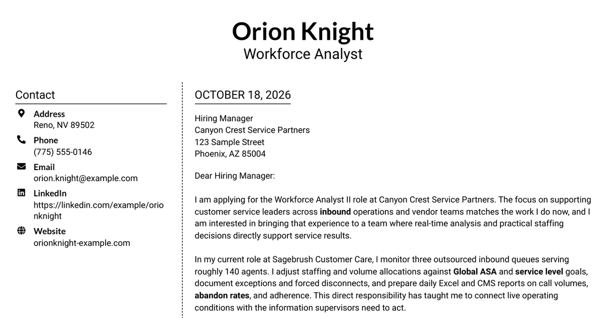 7 Workforce Analyst II - Call Center Workforce Management Cover Letter Templates with Example