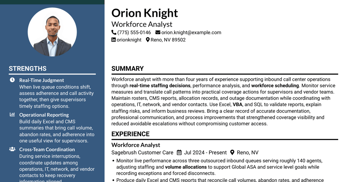 7 Workforce Analyst II - Call Center Workforce Management Resume Templates with Example