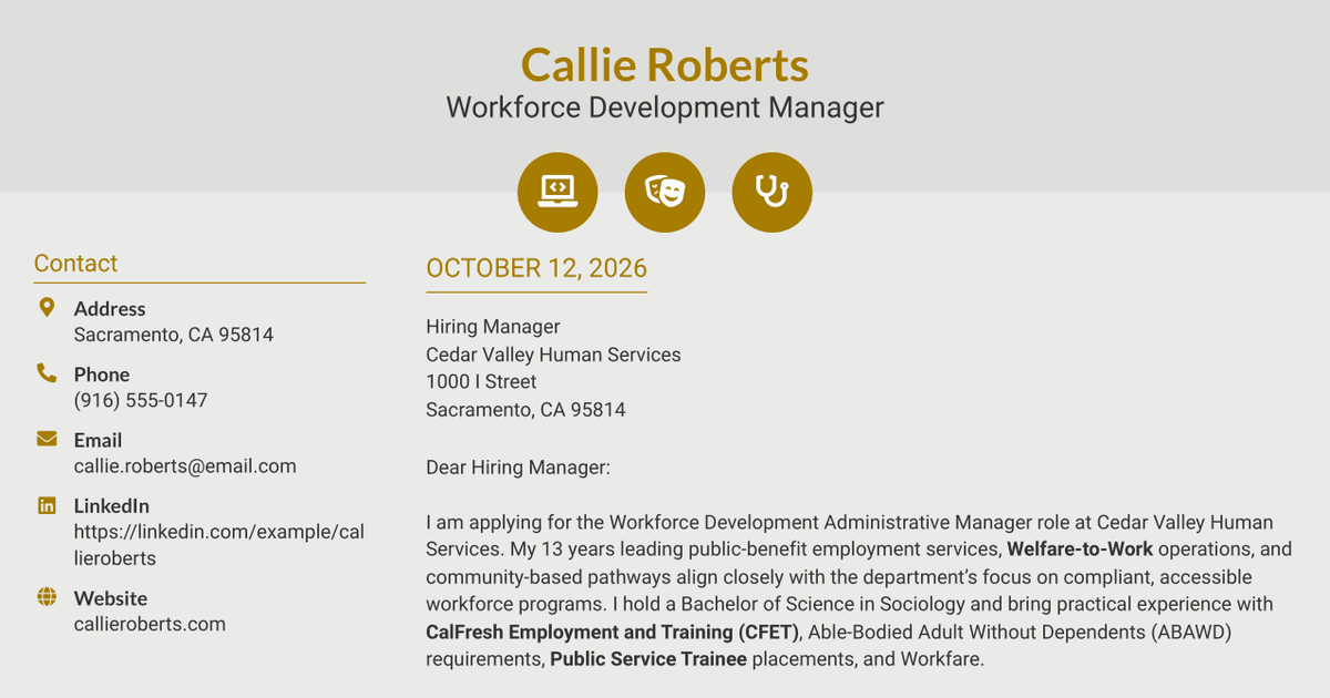 7 Workforce Development Administrative Manager - Welfare-to-Work Programs Cover Letter Templates with Example