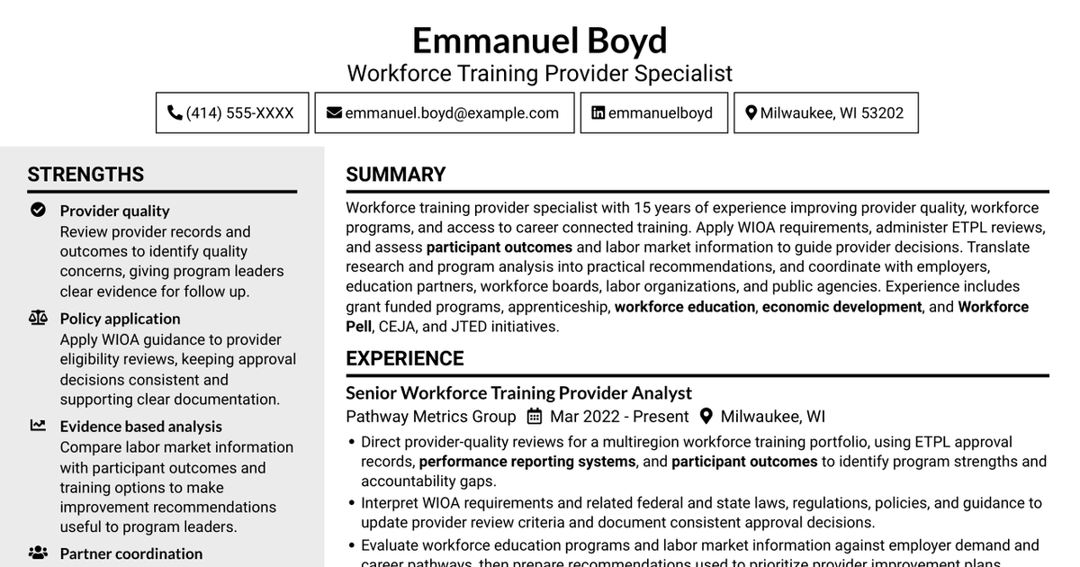 7 Workforce Training Provider Specialist Resume Templates with Example