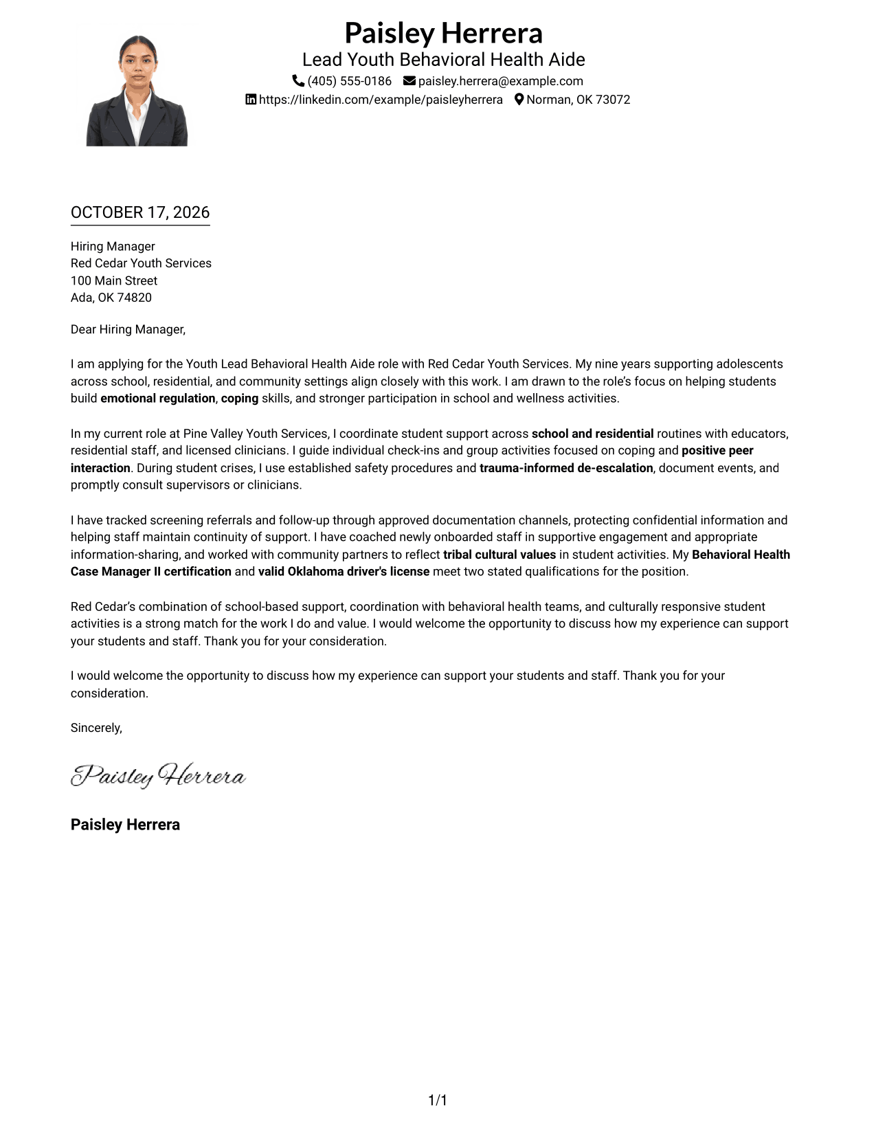 Cover letter example — page 1