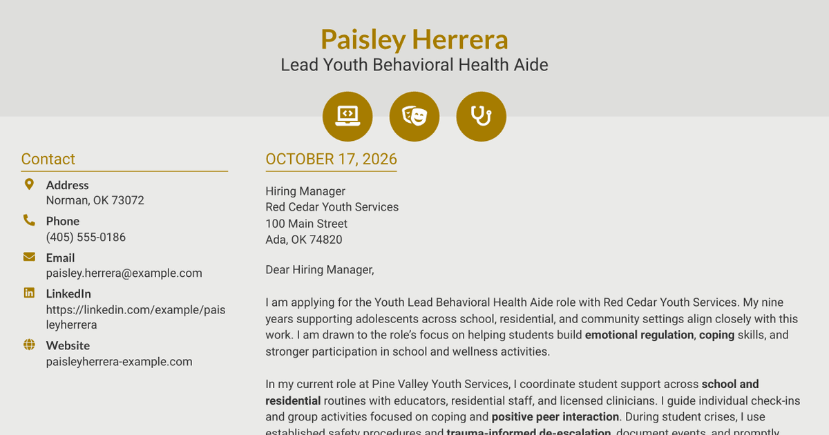 7 Youth Lead Behavioral Health Aide - School-Based Youth Support Cover Letter Templates with Example