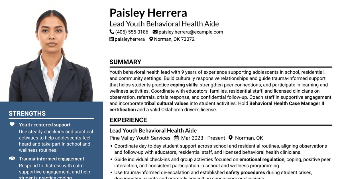 7 Youth Lead Behavioral Health Aide - School-Based Youth Support Resume Templates with Example