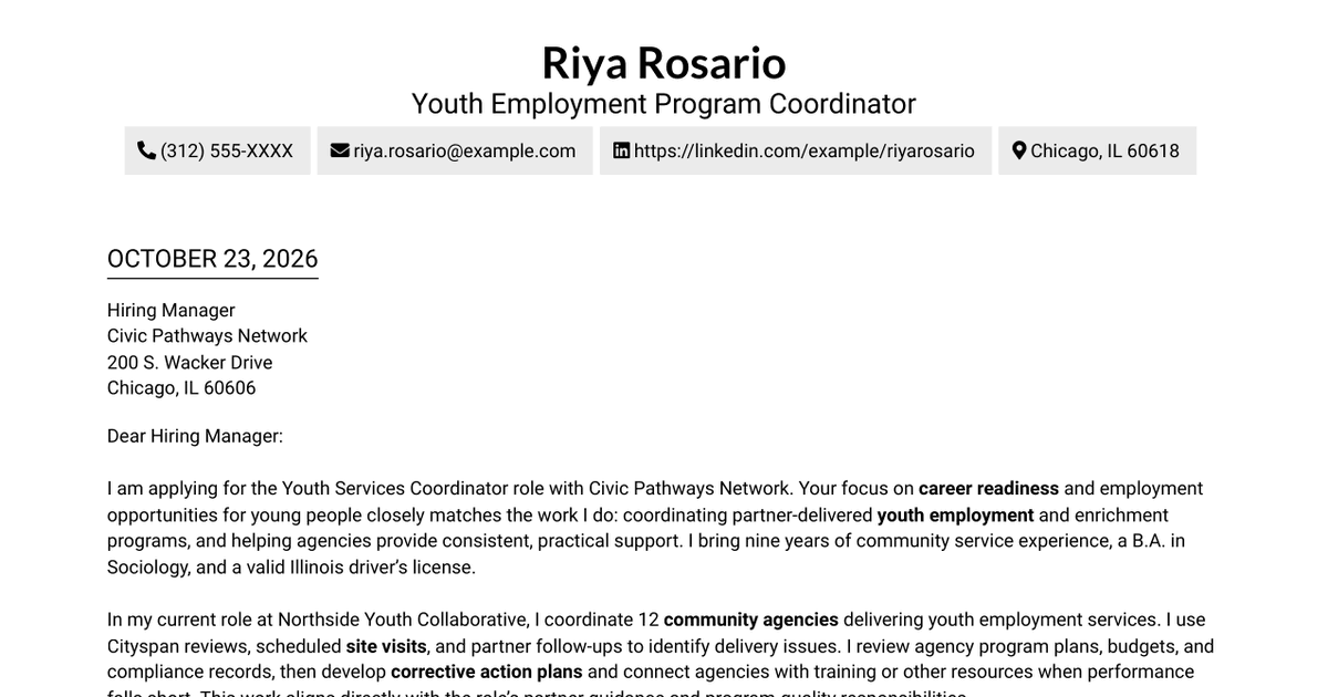 7 Youth Services Coordinator - Youth Employment Programs Cover Letter Templates with Example