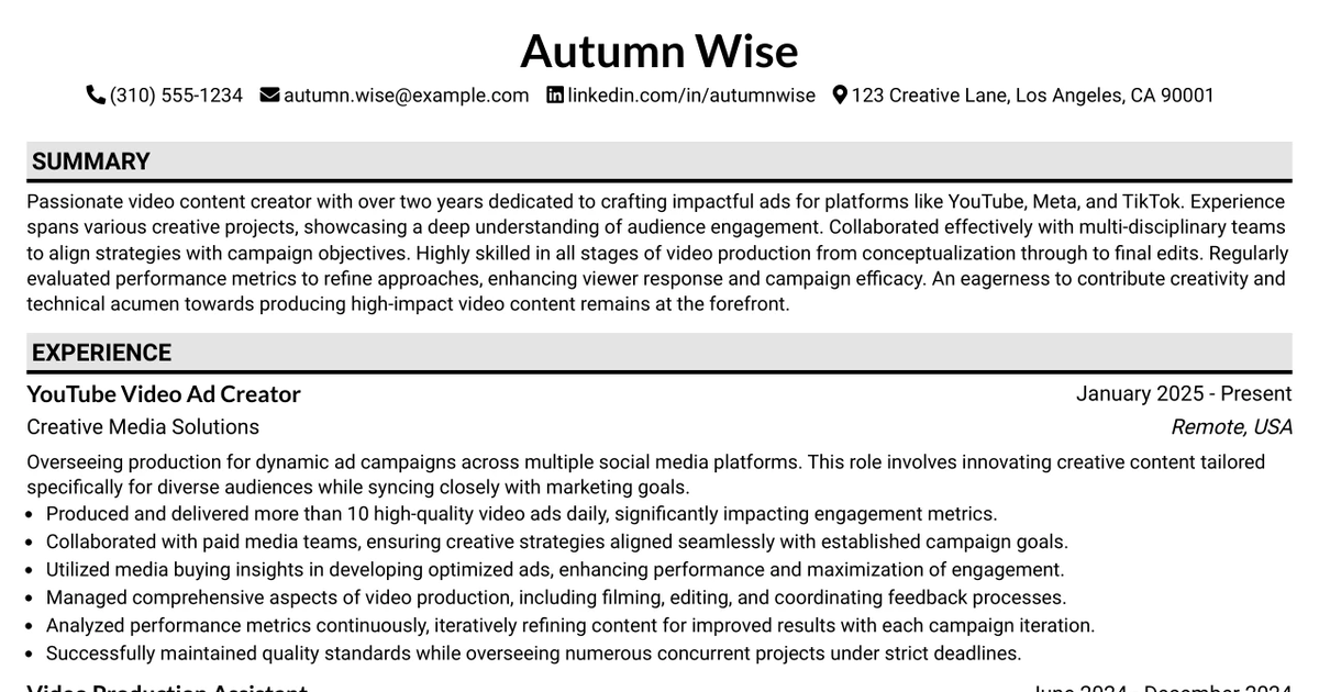 33 YouTube Video Ad Creator Resume Templates with Example 2026 (ATS-Optimized)