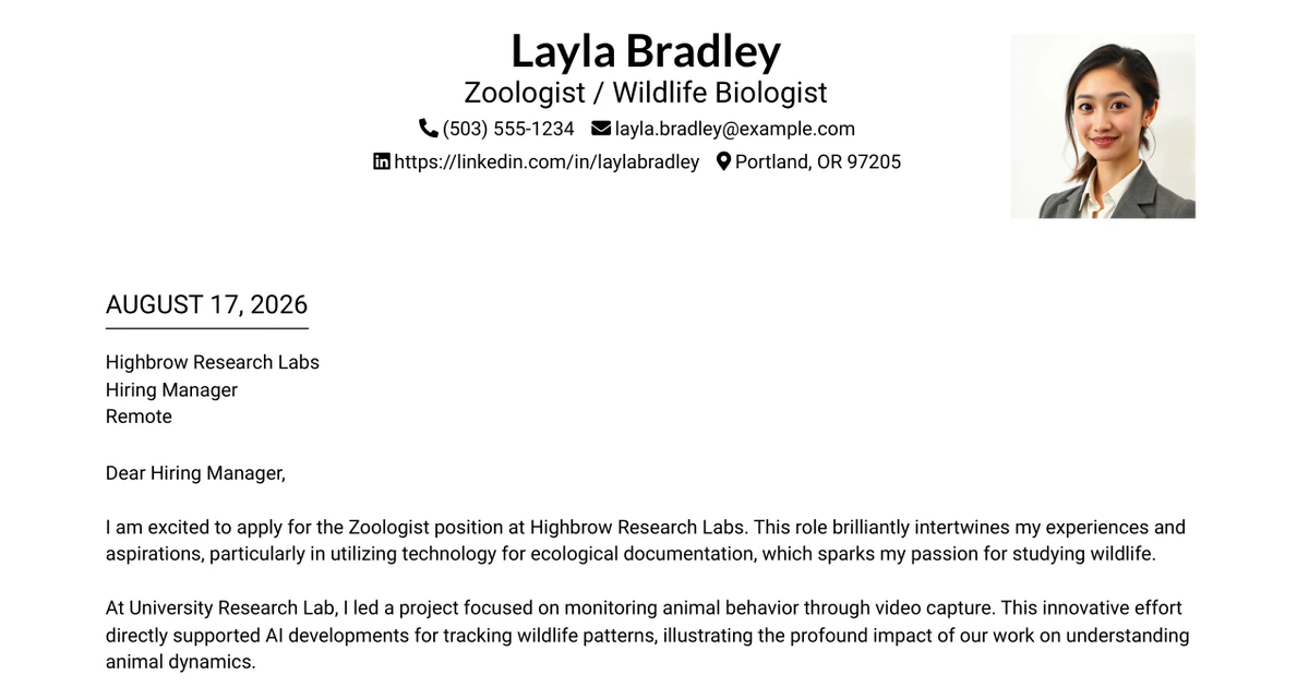 30+ Zoologist / Wildlife Biologist Cover Letter Templates with Example 2026