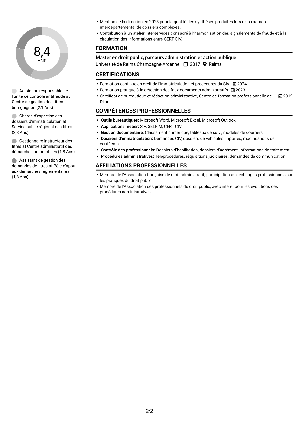 CV Compact (format sobre à deux colonnes avec photo) : Adjoint au chef de bureau de lutte contre la fraude - Immatriculation des véhicules, page 2