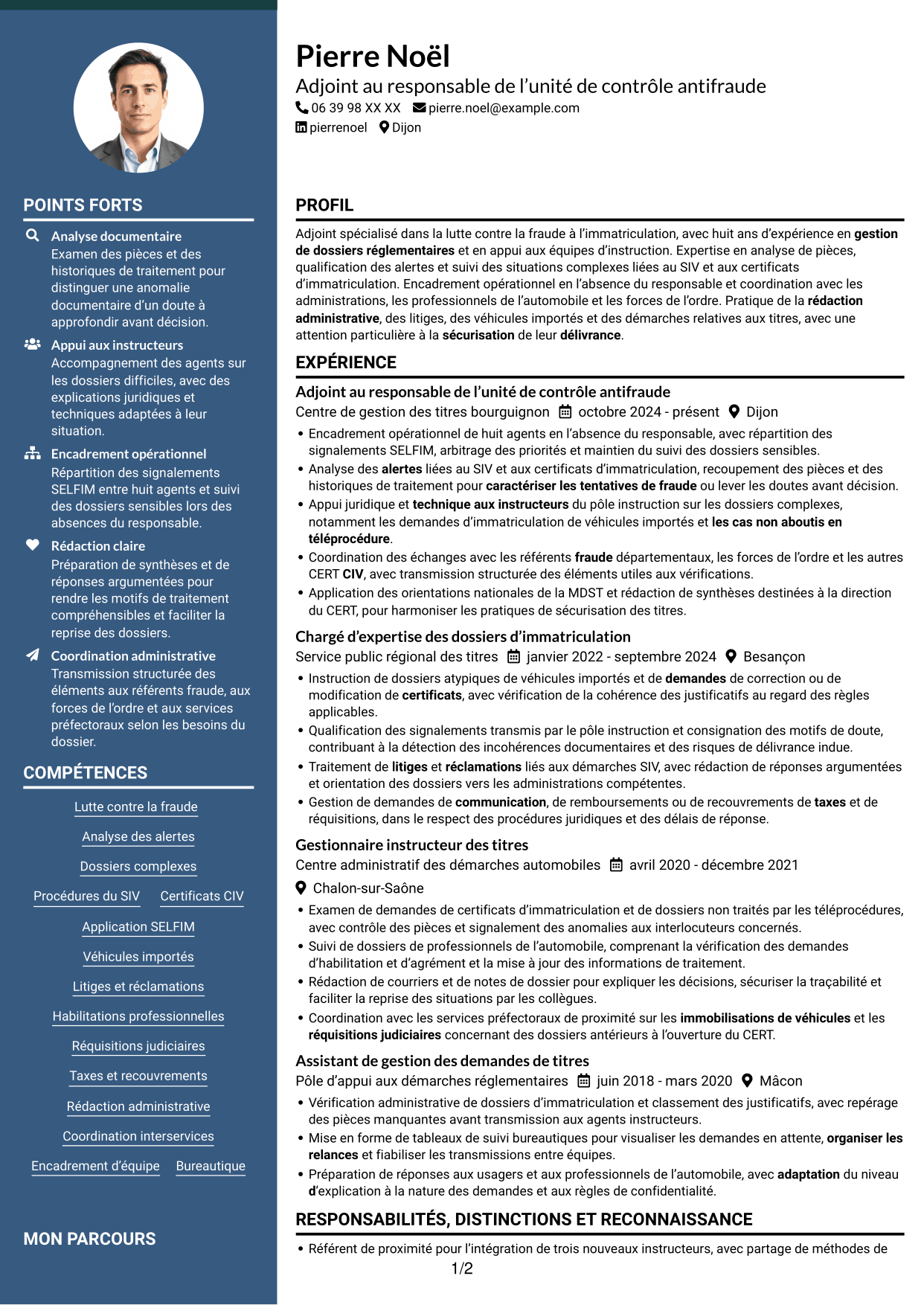 CV Élégant (format à colonne latérale colorée avec photo) : Adjoint au chef de bureau de lutte contre la fraude - Immatriculation des véhicules, page 1