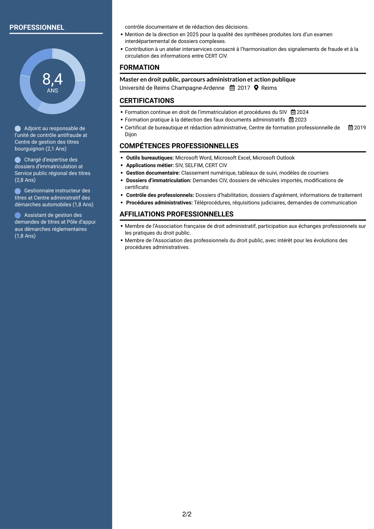 CV Élégant (format à colonne latérale colorée avec photo) : Adjoint au chef de bureau de lutte contre la fraude - Immatriculation des véhicules, page 2