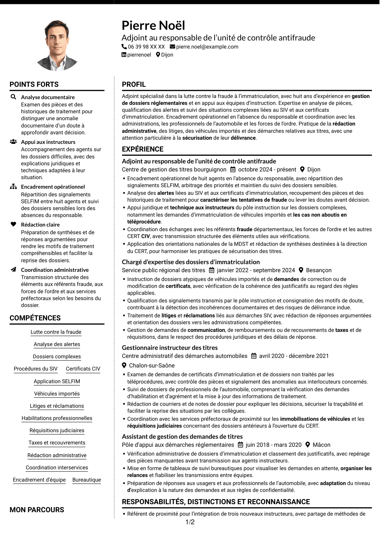 CV Moderne (format à deux colonnes avec photo à gauche et séparateur) : Adjoint au chef de bureau de lutte contre la fraude - Immatriculation des véhicules, page 1