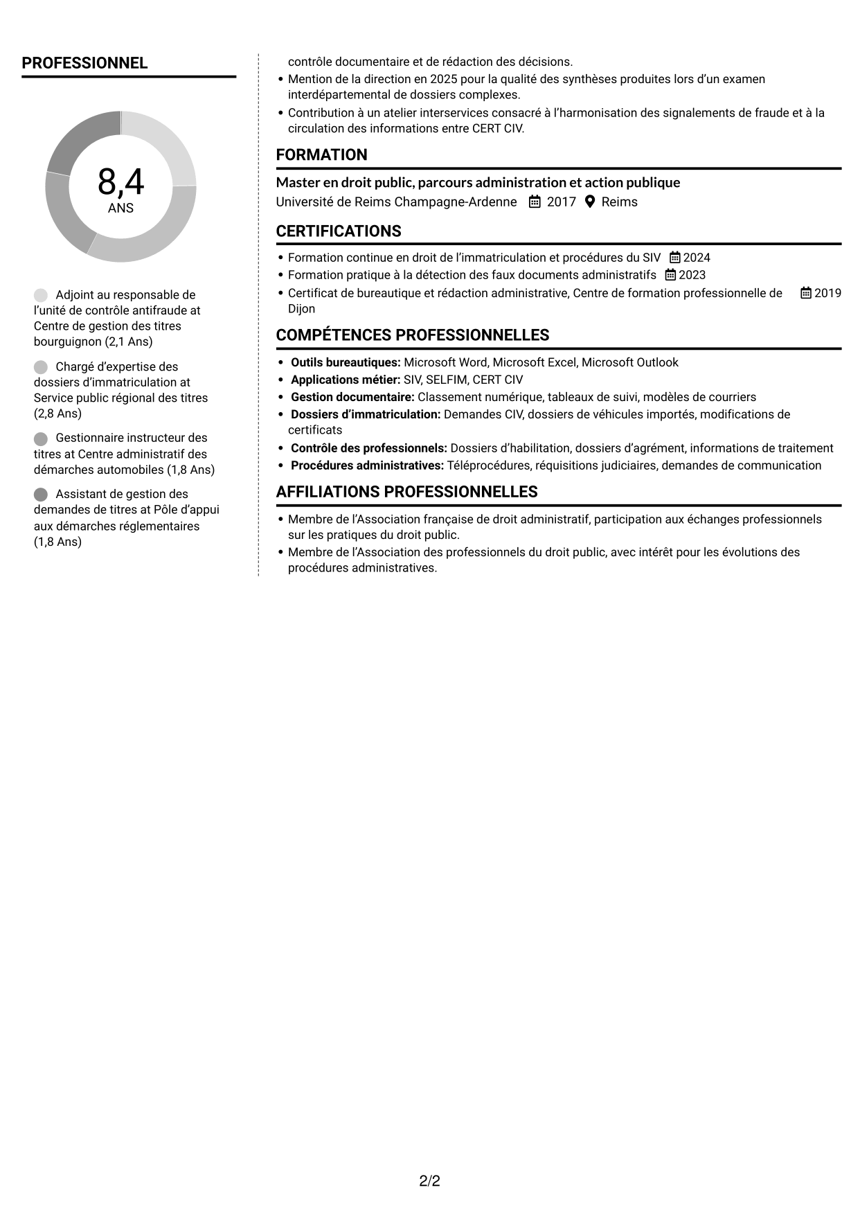 CV Moderne (format à deux colonnes avec photo à gauche et séparateur) : Adjoint au chef de bureau de lutte contre la fraude - Immatriculation des véhicules, page 2