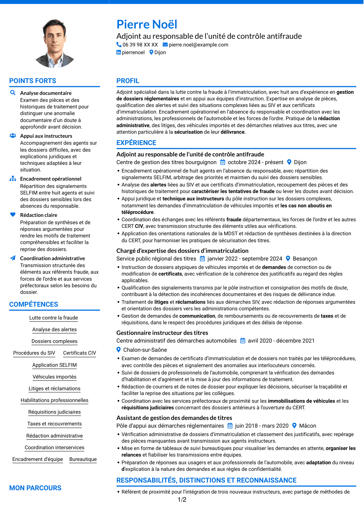 CV Audacieux (format à deux colonnes avec accents colorés et photo) : Adjoint au chef de bureau de lutte contre la fraude - Immatriculation des véhicules, page 1