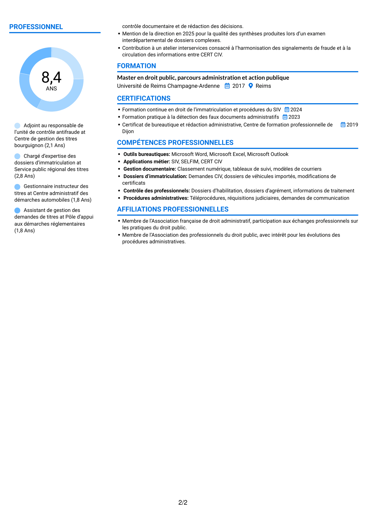 CV Audacieux (format à deux colonnes avec accents colorés et photo) : Adjoint au chef de bureau de lutte contre la fraude - Immatriculation des véhicules, page 2