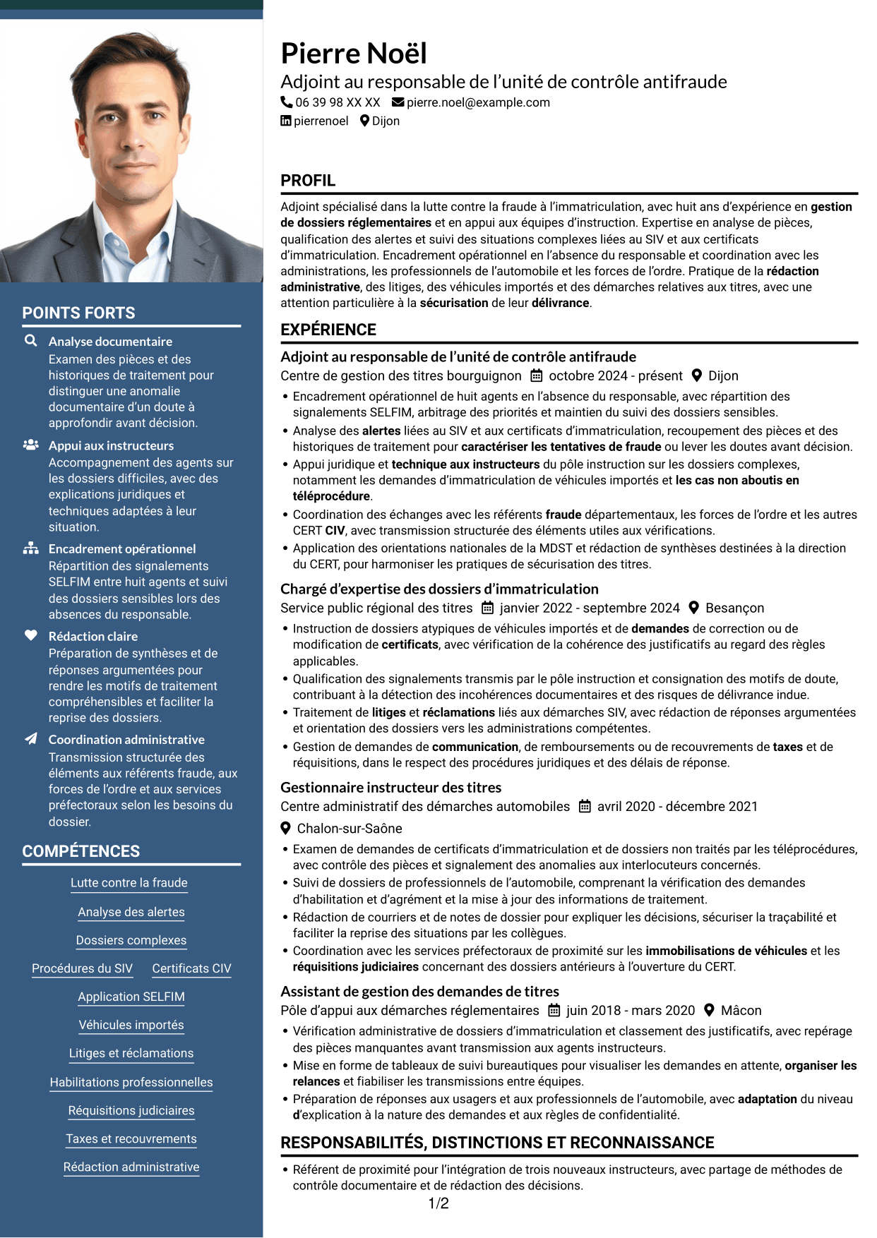 CV Signature (format à colonne latérale colorée avec grande photo) : Adjoint au chef de bureau de lutte contre la fraude - Immatriculation des véhicules, page 1