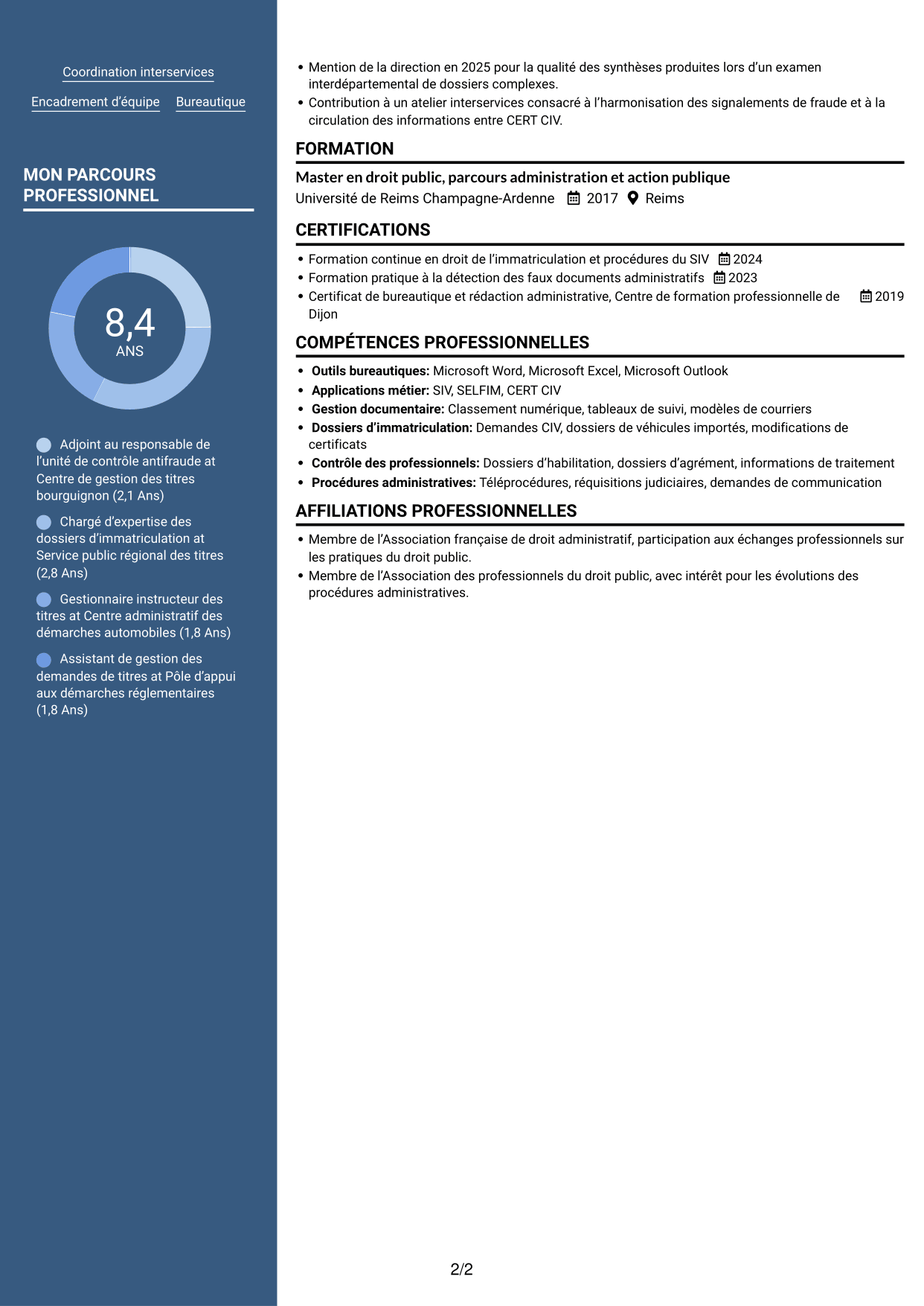 CV Signature (format à colonne latérale colorée avec grande photo) : Adjoint au chef de bureau de lutte contre la fraude - Immatriculation des véhicules, page 2