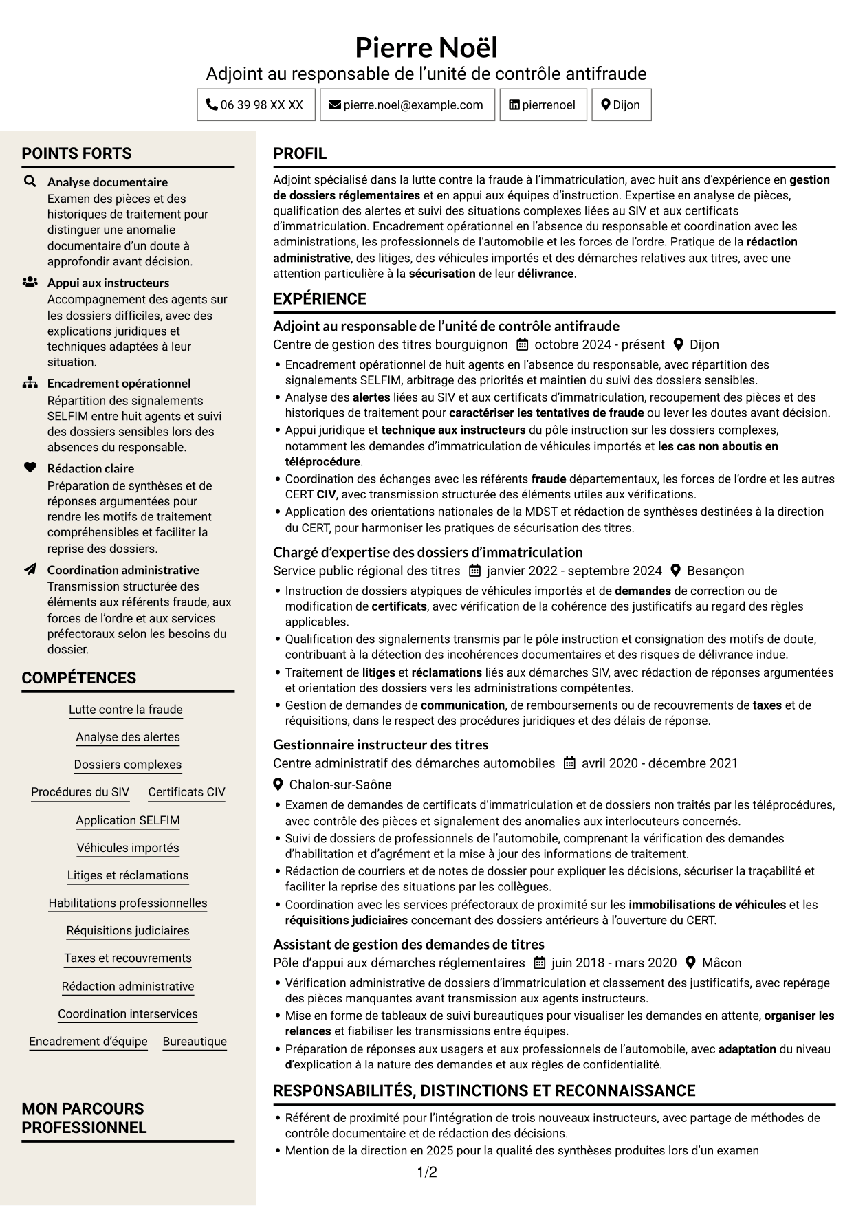 CV Fonceur (format à deux colonnes avec en-tête centré sans photo) : Adjoint au chef de bureau de lutte contre la fraude - Immatriculation des véhicules, page 1