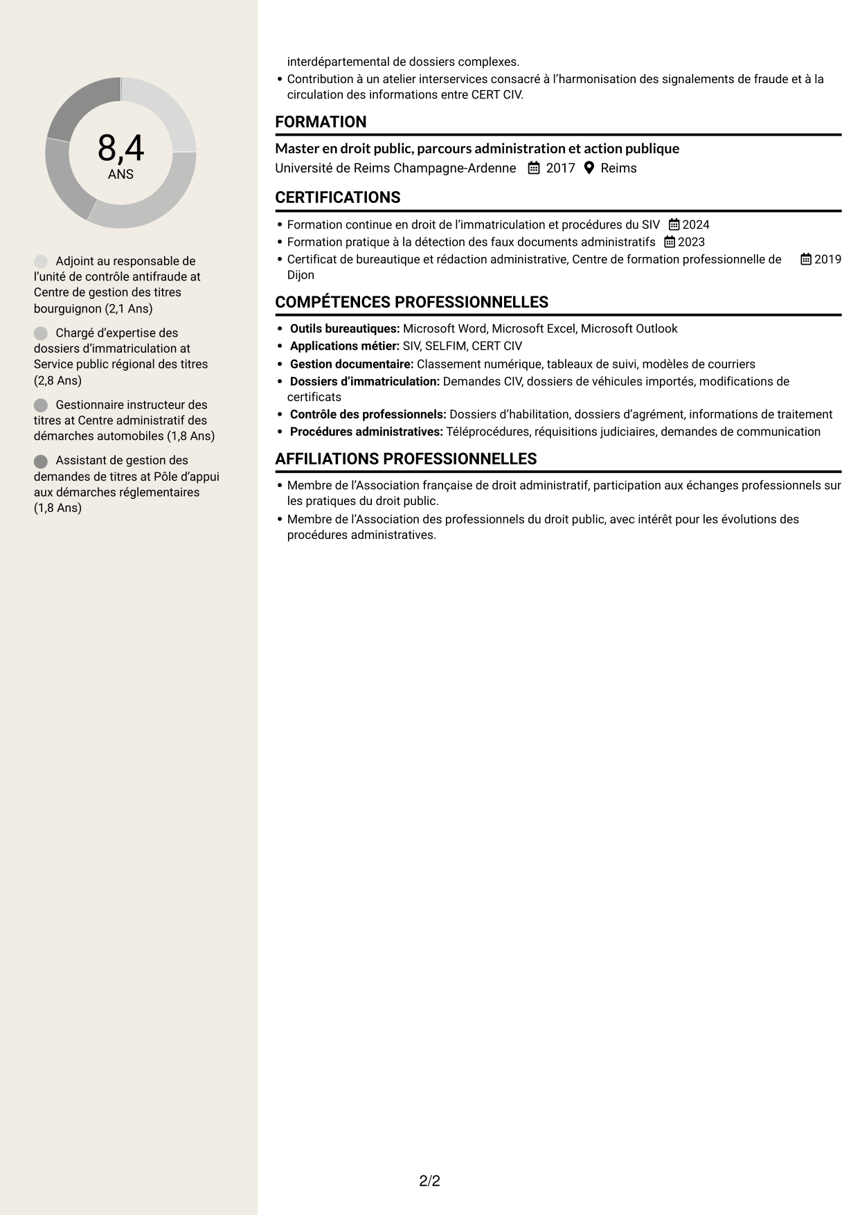 CV Fonceur (format à deux colonnes avec en-tête centré sans photo) : Adjoint au chef de bureau de lutte contre la fraude - Immatriculation des véhicules, page 2