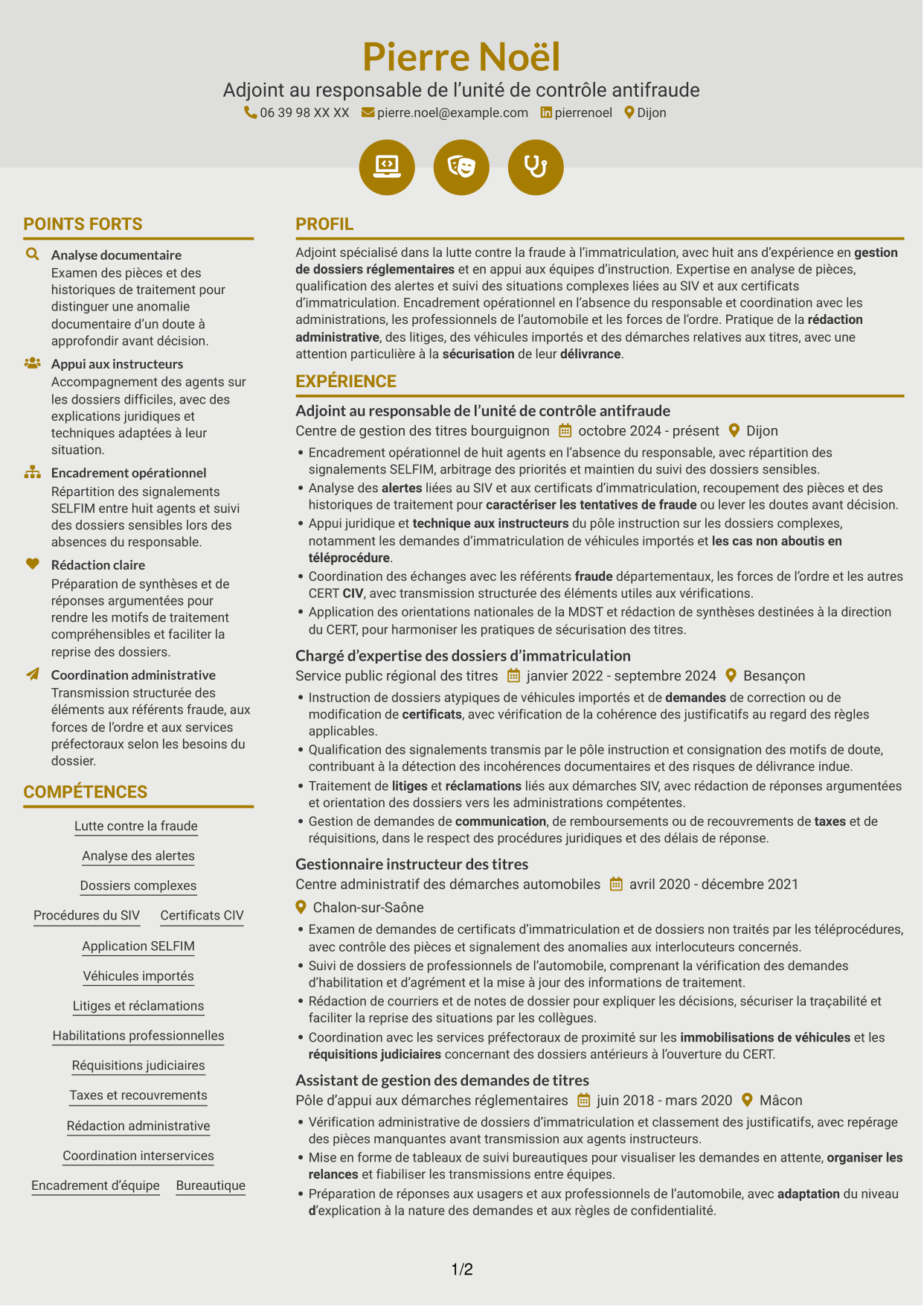 CV Dynamique (format à deux colonnes avec icônes) : Adjoint au chef de bureau de lutte contre la fraude - Immatriculation des véhicules, page 1
