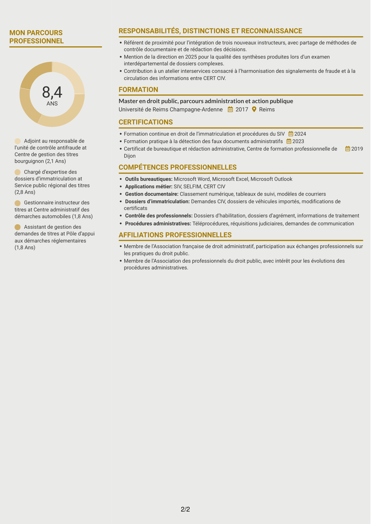 CV Dynamique (format à deux colonnes avec icônes) : Adjoint au chef de bureau de lutte contre la fraude - Immatriculation des véhicules, page 2